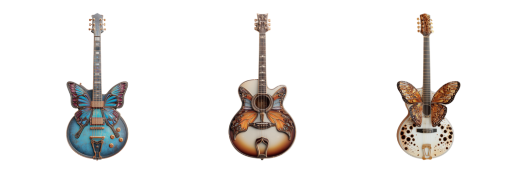 Set of Guitar with butterfly wings isolated on a transparent background - Powered by Adobe