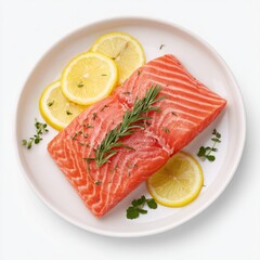 Fresh salmon fillet, garnished with lemon slices, rosemary, and thyme, on a white plate