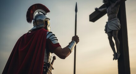Roman soldier holding spear looking at Christ on cross. Biblical scene for Good Friday and Easter. Religious history.
