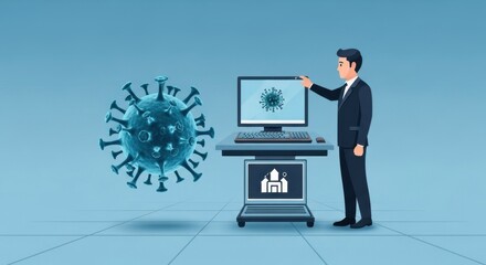 Man presenting coronavirus data on computer screen in a modern blue setting