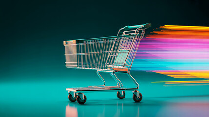 Shopping cart with motion blur streaks of light in vibrant colors against a dark teal background supermarket trolley