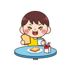 Adorable cartoon boy joyfully eating toast and drinking milk for breakfast