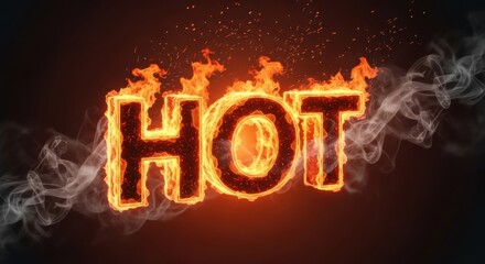 Fiery hot text effect with flames and smoke on a dark gradient background