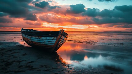 Fototapeta premium A weathered wooden boat sits on the beach at low tide, facing a vibrant sunset with a reflection of the sky in the water.