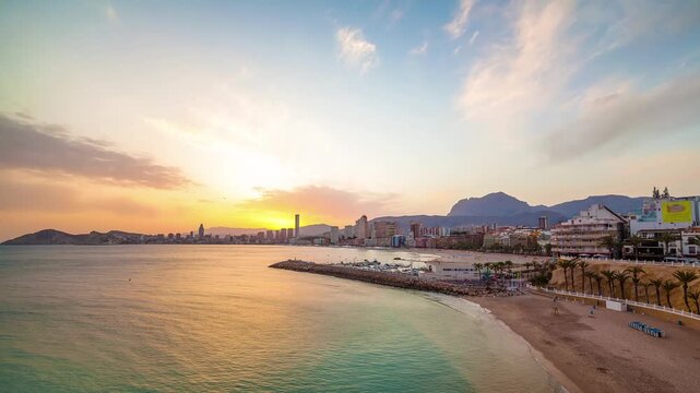 Touristic Beach City Sunset. Benidorm, Spain. Timelapse