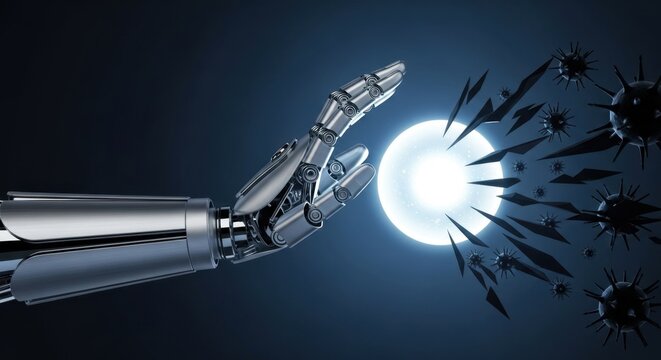 Robotic arm protecting against virus attack with a bright light shield defense - Powered by Adobe