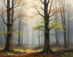 A forest with some trees having bare branches while others still have green leaves.