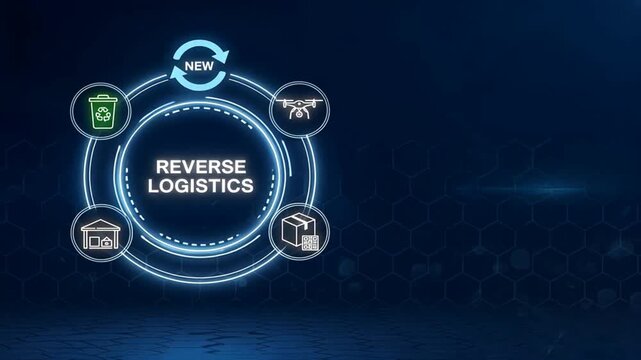 A reverse logistics core with neon icons of recycling, drone, warehouse, package, in glowing digital setting, transportation logistics, global logistics