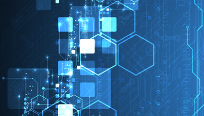 A technical background using technological lines, squares, and hexagons combined into an art composition.