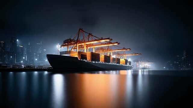 Cargo Ship Loading and Unloading Operations at Port at Night