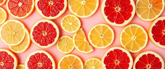 Pastel pink background with a repeating pattern of sliced grapefruit and lemon halves,  summer vibes,  illustration