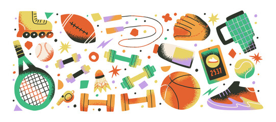 Sport stickers in cartoon style with tennis racket, basketball, roller skates, dumbbells, skipping rope and sneakers. Fun vector doodle set for training, fitness and games.