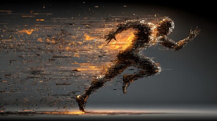 Futuristic digital runner dissolving into glowing particles