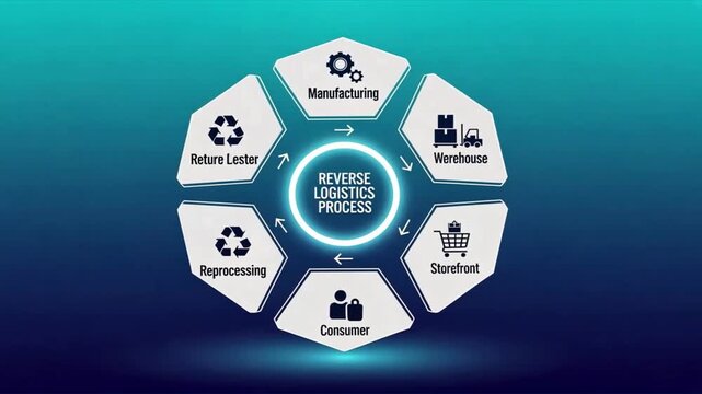 A digital infographic with hexagonal hub for manufacturing, warehouse, consumer, reprocessing stages, reverse logistics process, transportation logistics, global logistics