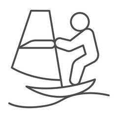 Surfer man on warter wave thin line icon, summer sports concept. Vector graphics. Athlete man on a surfboard with sail, sport sign on white background, outline style icon of mobile or web design.