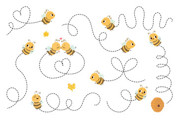 Flying bee with path. Dotted routes various shapes with cute cartoon bees. Fly route or way to beehive. Different flight paths, nowaday vector set