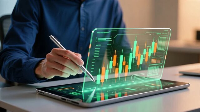 A hand using a pen on transparent touchscreen with glowing financial charts in futuristic workspace, reverse logistics process, transportation logistics, global logistics