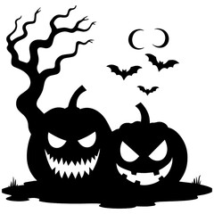 Two black pumpkins with carved faces