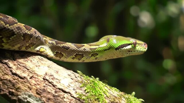 Close-up of vibrant green tree snake slithering on mossy branch in lush nature setting.