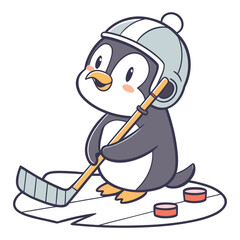 Cute Cartoon Penguin Playing Hockey on Ice - Fun Animal Illustration