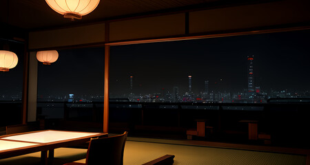 Traditional Japanese tatami room with night city view and warm lanterns