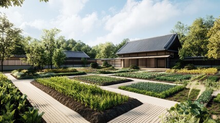 Serene Japanese Garden with House and Vegetable Patches