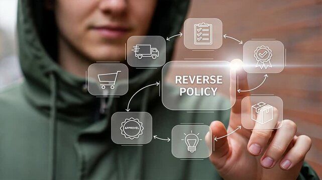 A person press on a transparent digital flowchart showing return stages for reverse policy, transportation logistics, global logistics