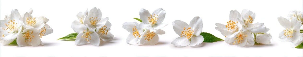 Obraz premium White jasmine flowers in a horizontal arrangement against a white background. Soft, delicate blooms with green leaves, showcasing their beauty and elegance