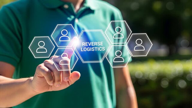 A man touches on a glowing hexagon reverse logistics interface with floating icons outdoors, transportation logistics, global logistics
