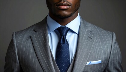 Confident Black man in sharp pinstripe suit and stylish tie exudes professional elegance and success