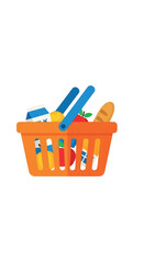 Fototapeta premium Orange toy shopping basket filled with colorful toy food items.