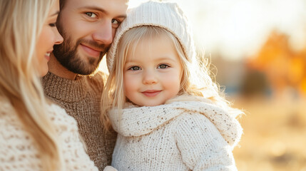 Obraz premium A charming girl in a cozy knitted sweater, smiling warmly in a serene outdoor setting