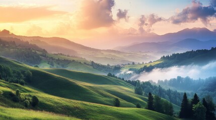 Fototapeta premium A scenic panorama of rolling green hills and misty valleys at sunset, with a vibrant sky and a distant mountain range.
