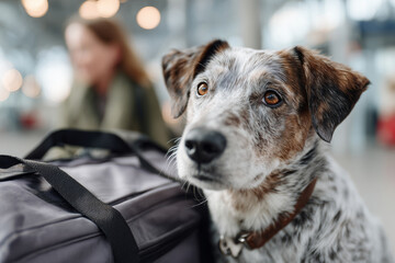 Customs dog sniffing passenger luggage at airport hall, shallow depth of field, realistic detail, 