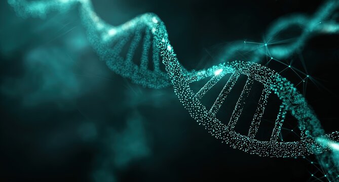 Genetic DNA double helix with vibrant blue and green dots, dark setting with digital wave connections, perfect for biology research and data analysis resources - Powered by Adobe