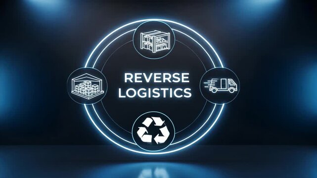 A neon circular infographic shows warehouse, truck, and package icons for reverse logistics cycle, transportation logistics, global logistics