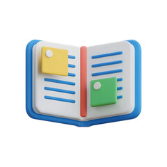 3D minimalist book illustration with note panels  isolated on white background