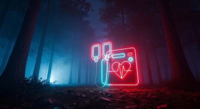 Glowing Heart Monitor Red and Blue Neon Art in Misty Forest