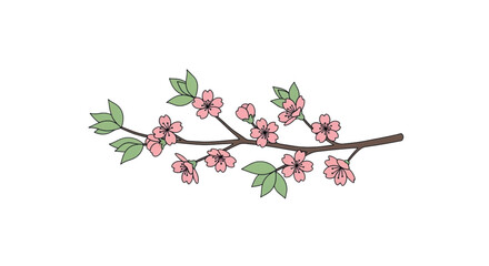 Fototapeta premium Cherry Blossom Branch with Pink Flowers and Green Leaves.