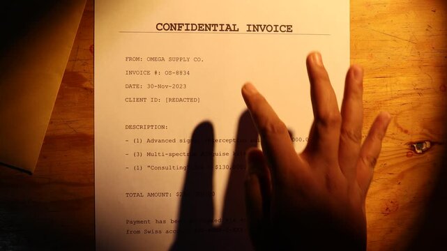 Close-up of someone stamping the document, likely a dummy confidential invoice for surveillance equipment, marked with red paid stamp.
