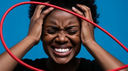 Woman stressed with hands on head, red loop around her