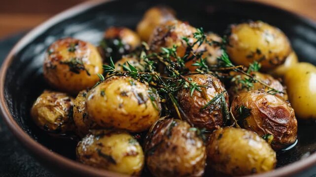Golden roasted potatoes with fresh thyme are beautifully arranged in a rustic bowl, highlighting their appetizing texture and vibrant colors