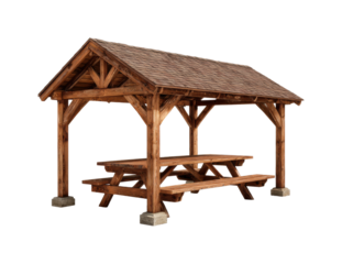 Picnic table pavilion public park wooden structure natural aerial view relaxation isolated on transparent background, png