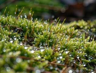 Dew drops sparkling on vibrant green moss in sunlight
