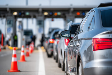 Border checkpoint with cars in line for customs clearance