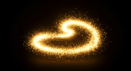 Golden glittering trail in heart shape, abstract light effect on black background