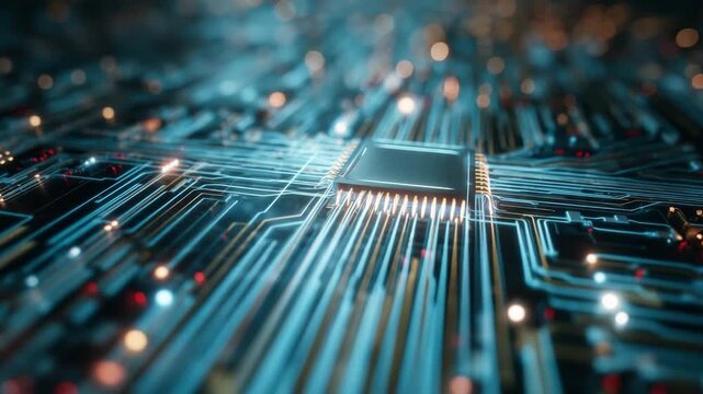 Close-up view of a microchip on a circuit board, highlighting the intricate electronic connections and glowing elements, illustrating technological advancement