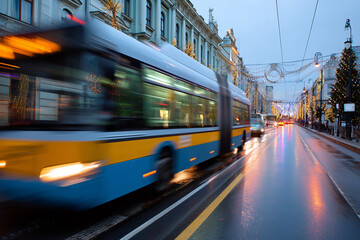 Obraz premium City trolleybus moving along street with evening lights