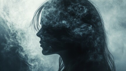 Fototapeta premium A silhouette of a woman's face is partially obscured by swirling smoke, creating a mysterious and ethereal atmosphere.