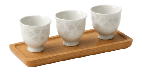 Porcelain sake cup set with a bamboo tray